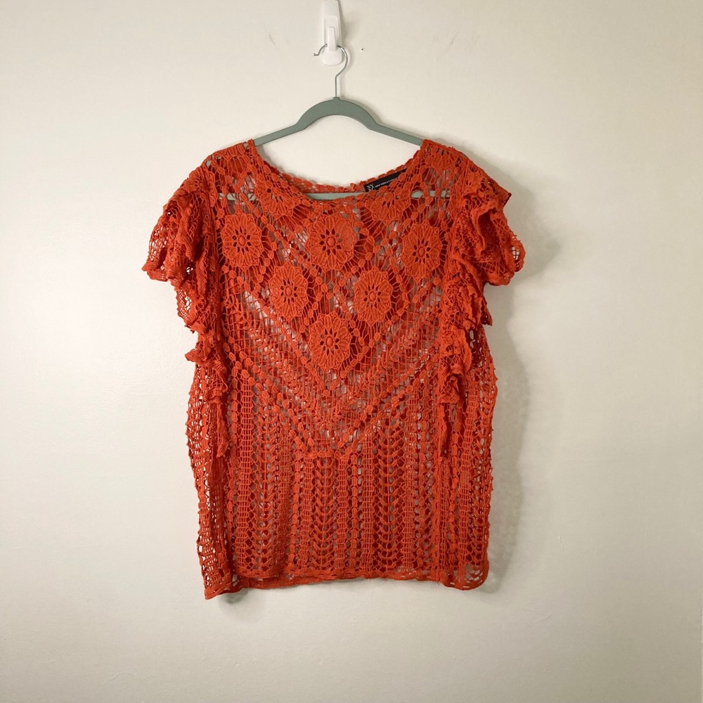 New York & Company Boho Burnt Orange 100% Cotton Crochet Lace Ruffle Sleeve Top